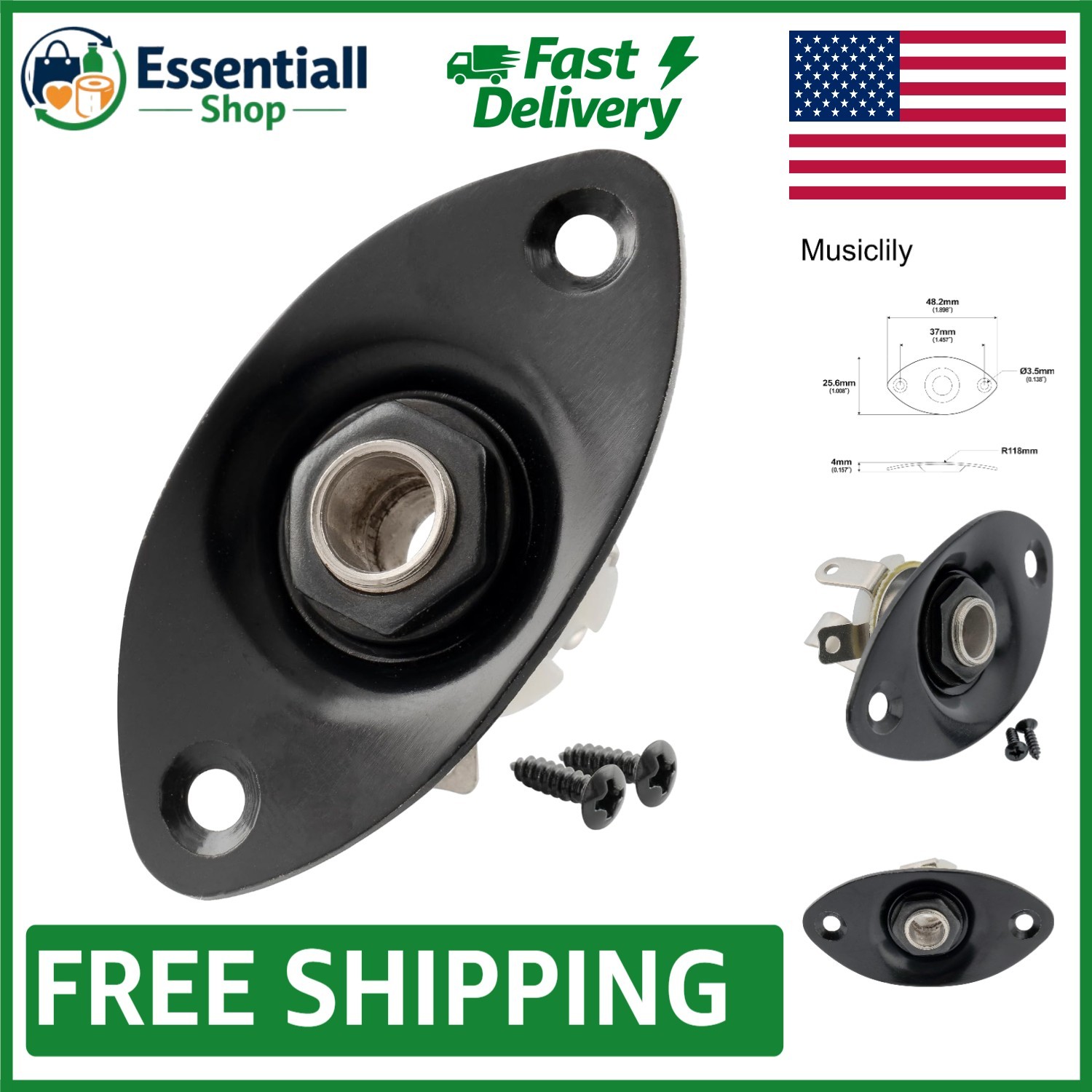 1/4 Inch Black Oval Guitar Input Jack for Easy Replacement in Electric Guitars