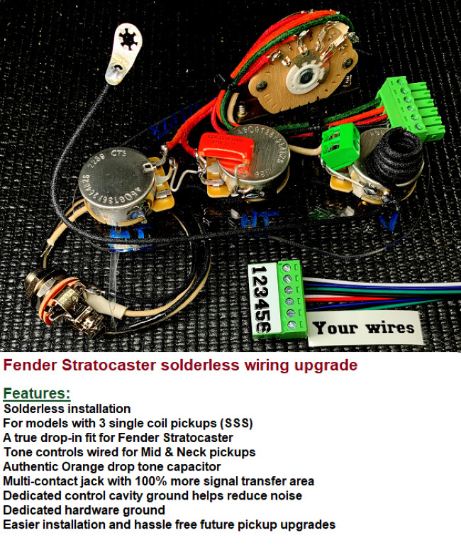 Stratocaster Solderless SSS Wiring Harness +Treble Bleed- Bing-Bang-Boom – Done!