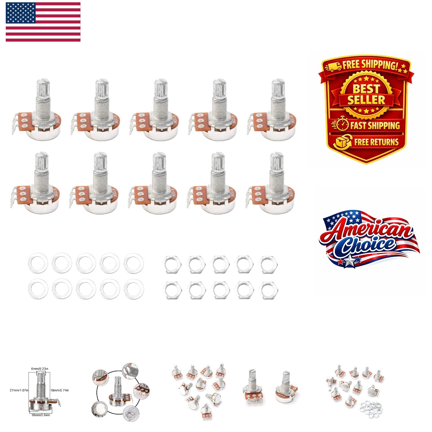 Metal A100K Mini Potentiometer with Split Shaft – Smooth Volume & Tone Control