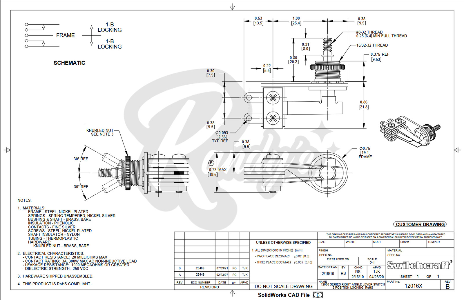 Switchcraft 3-Way Sideways Toggle Switch for Gibson® ES Guitars