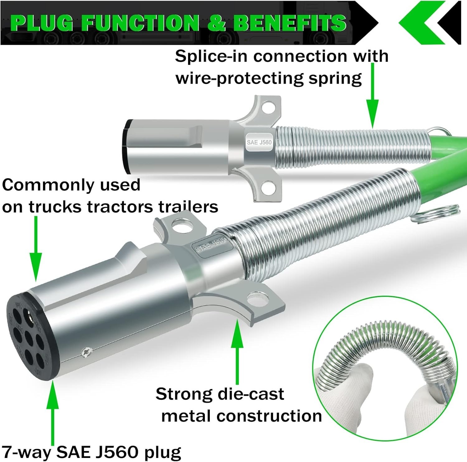 NEW 15FT 7 Way Trailer Cord ABS Heavy Duty Green Electrical Power Cable Trailer