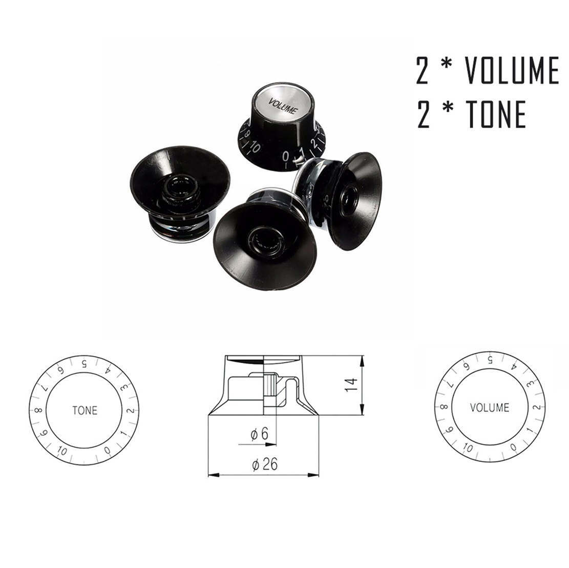 Top Hat Black & Gold Reflector 2 Volume 2 Tone Knobs Metric Fits Les Paul SG