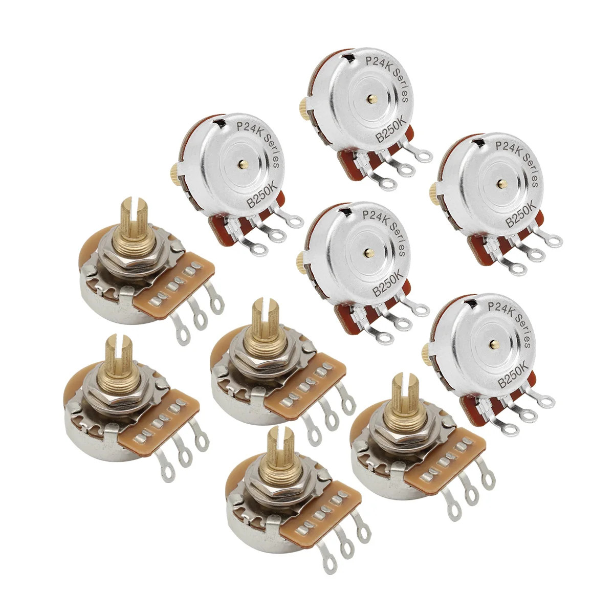 10-pack 250k guitar potentiometers, brass, 3/8” short shaft, 24 teeth, 15.5mm.