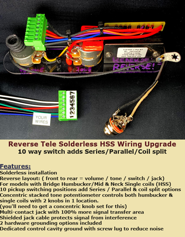 Reverse HSS Telecaster Solderless 10 way Wiring Upgrade/Stacked concentric tone!