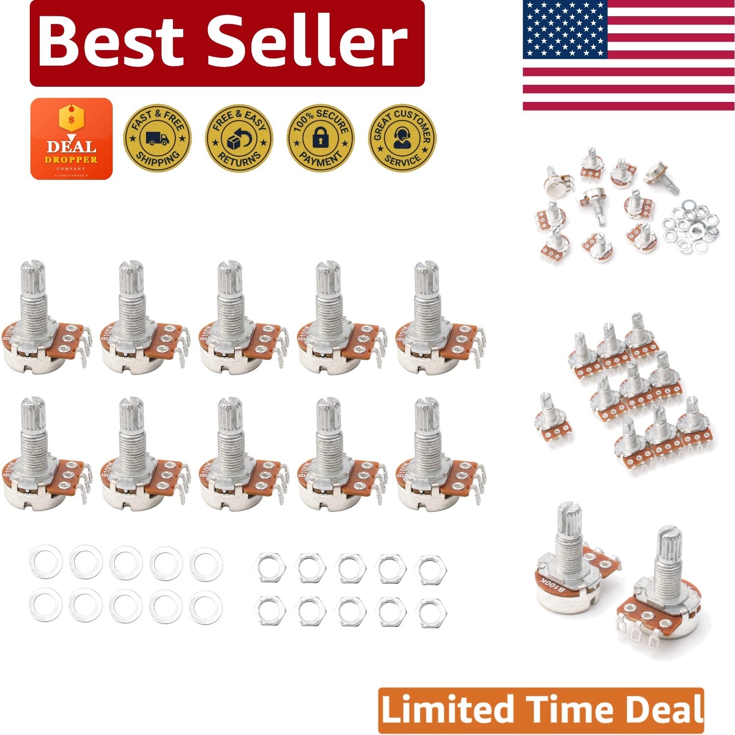 Linear Taper B100K Potentiometers – 10 Durable Pots for Guitar Electronics