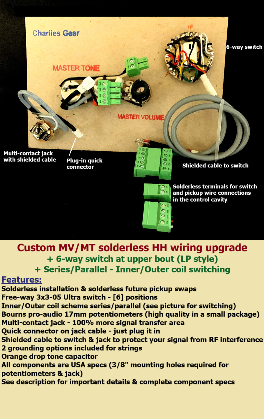CUSTOM LP Style MV/MT Solderless Wiring Upgrade+6-way + Ser-Par/Inner-Outer Coil