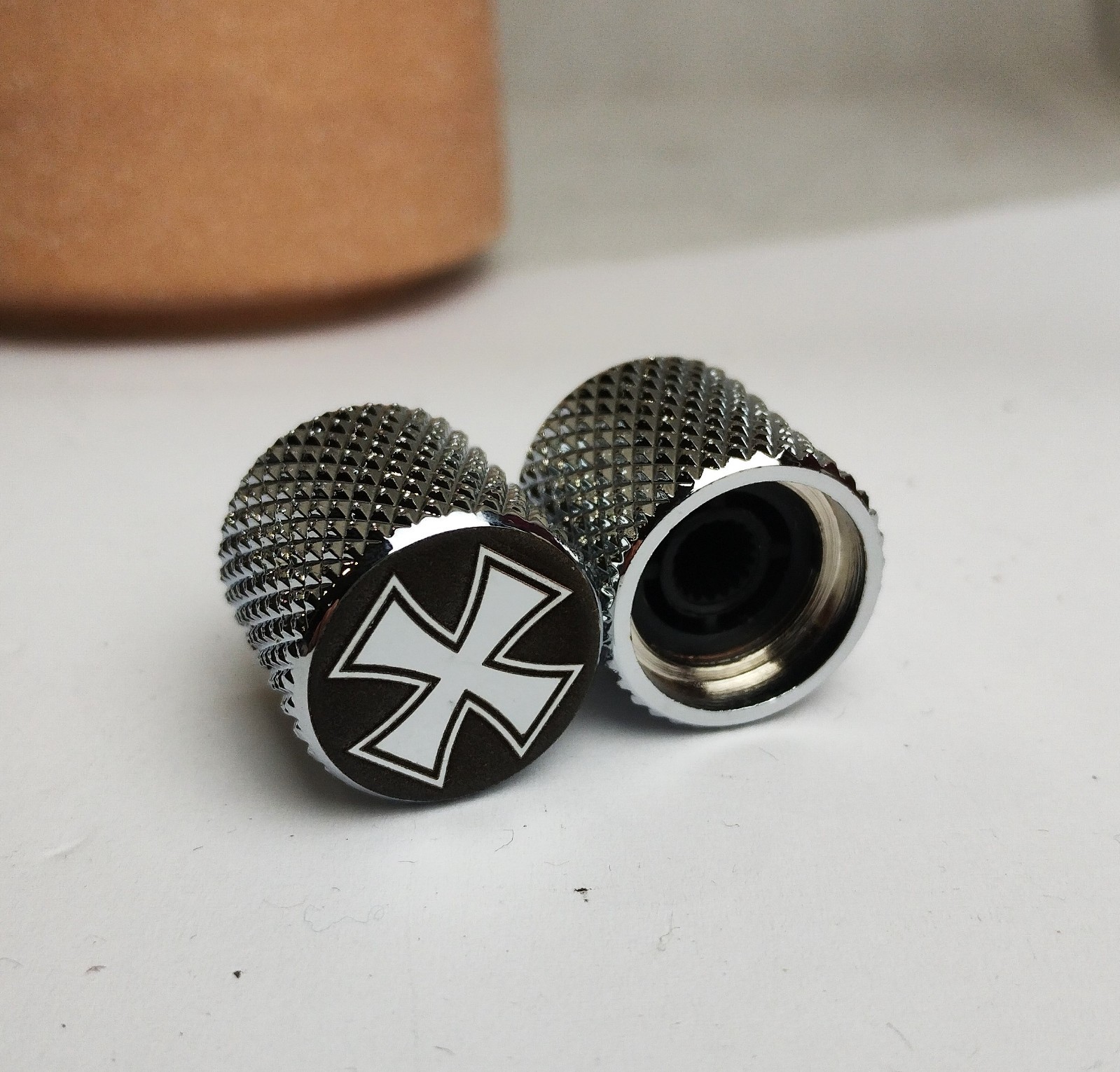 Engraved Cross Guitar Knobs Chrome 6mm 18 Spline Metric Split Shaft Bass