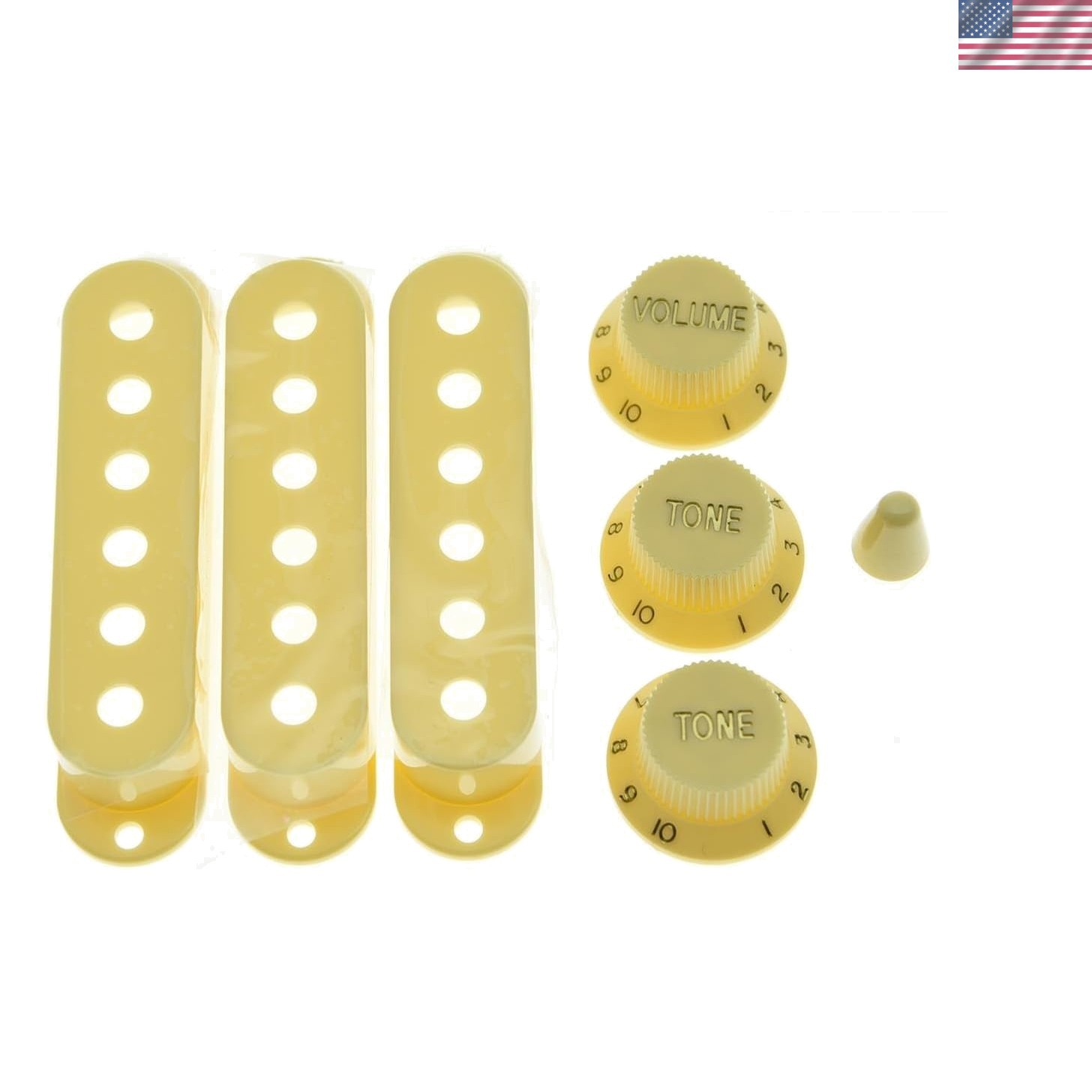 Vintage Cream ST Strat Pickup Covers Knobs and 5 Way Switch Tip Cap