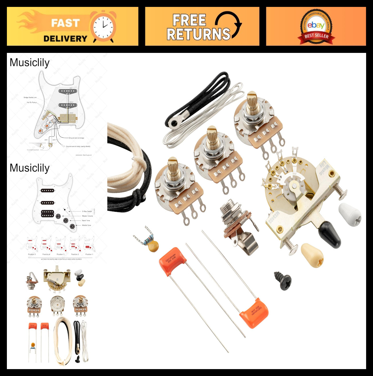 DIY Guitar Wiring Kit for Stratocaster HSS – 5-Way Switch, 3A250K Pots, Nickel J