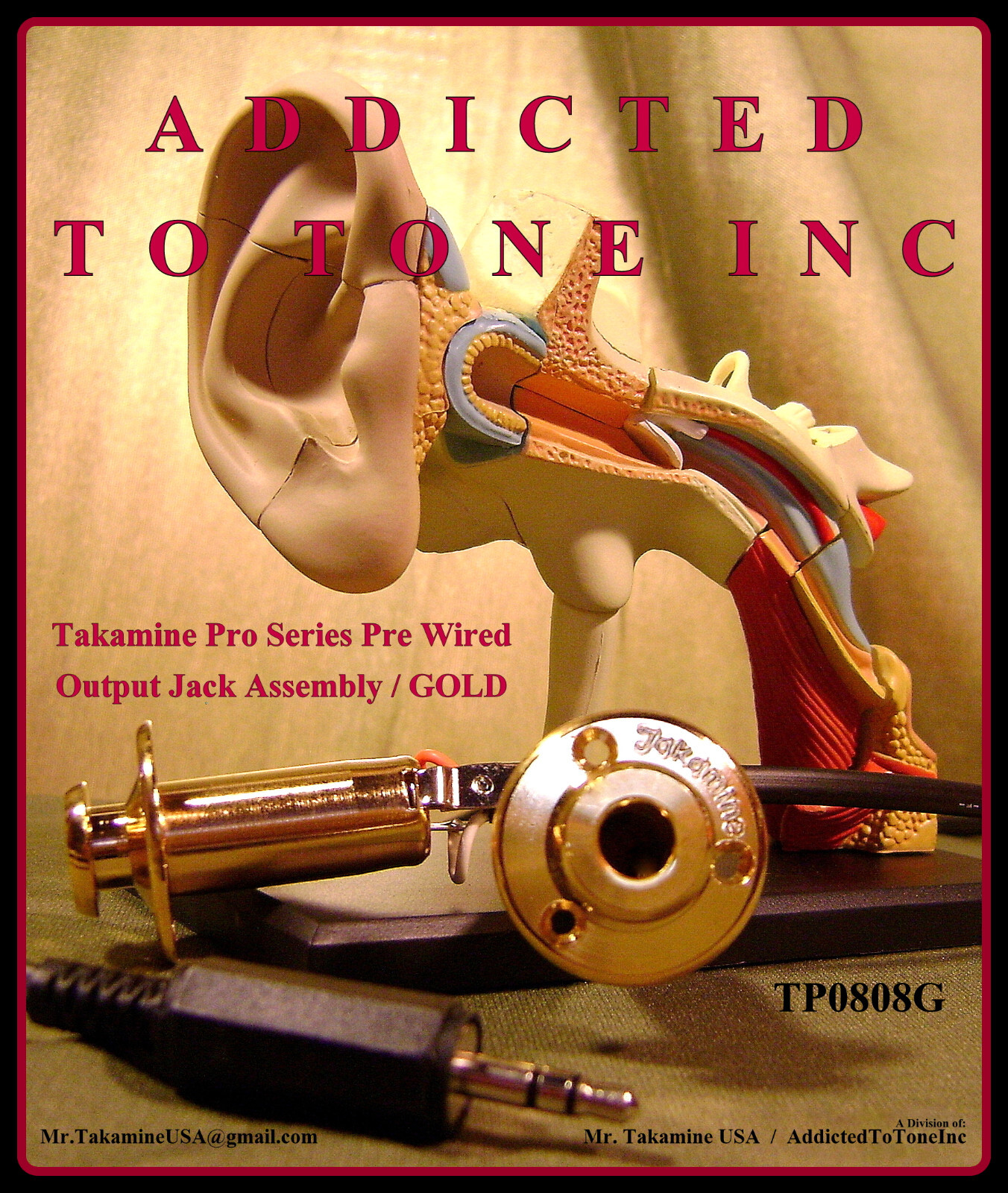 Takamine Pro Series Pre Wired OutPut Jack Assembly / GOLD End Pin / OEM Part