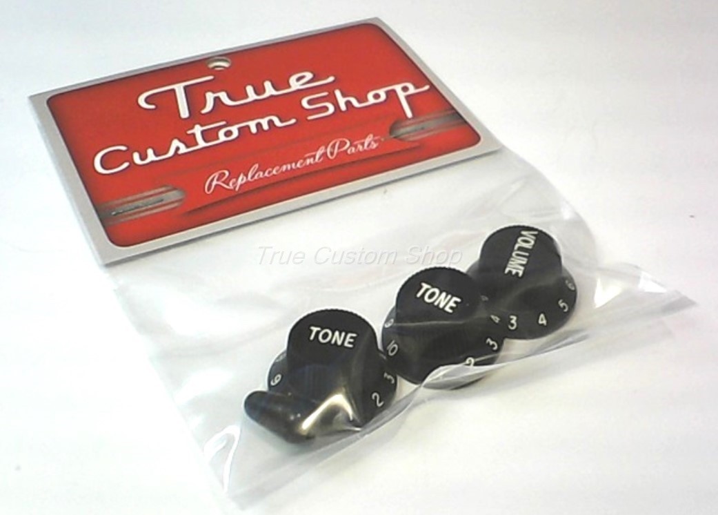 True Custom Shop® Black Knobs & Switch Tip Set for Fender Strat 1 Volume 2 Tone