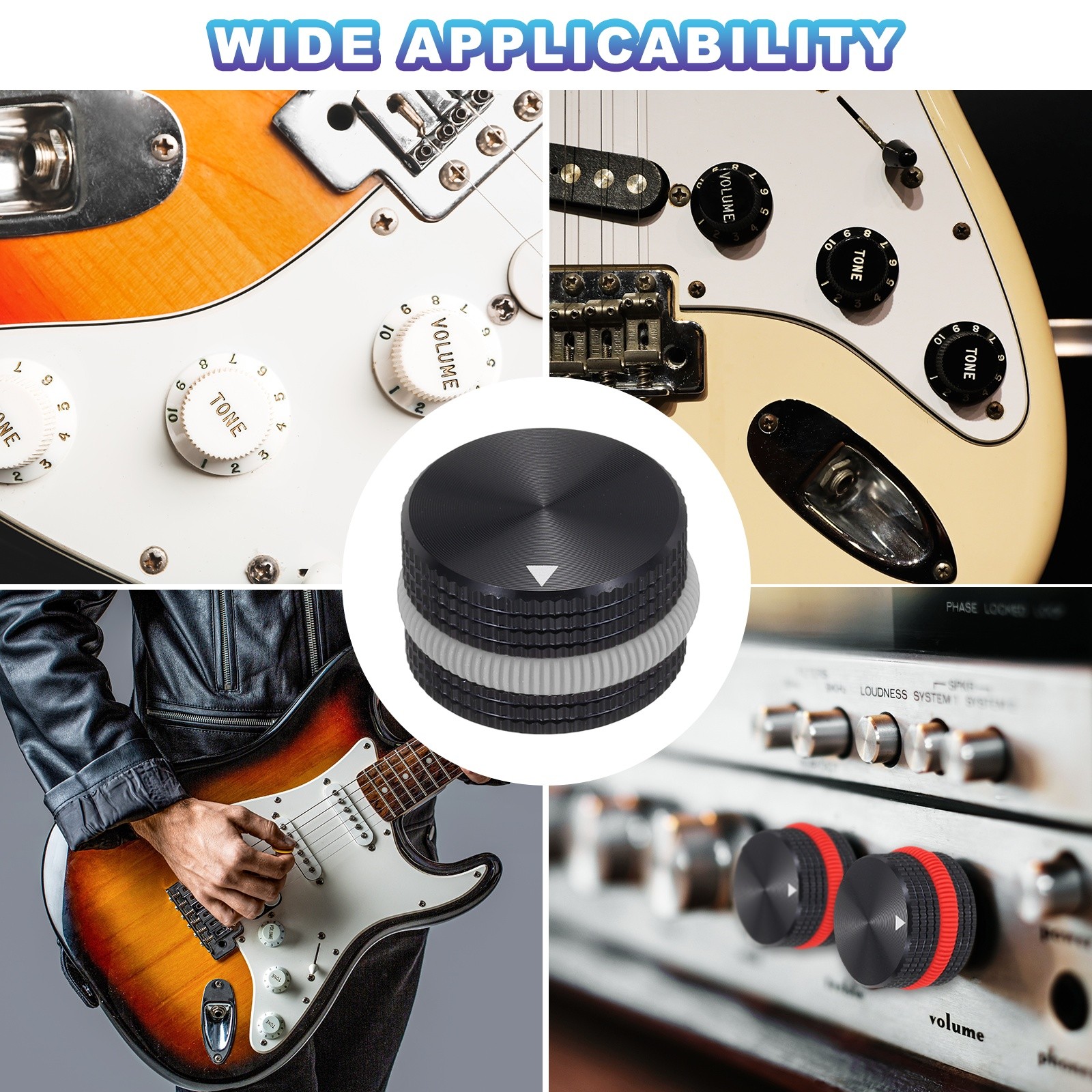 4Pcs Aluminium Potentiometer Knobs, 1/4″ w Black Gray Rubber Ring, Black