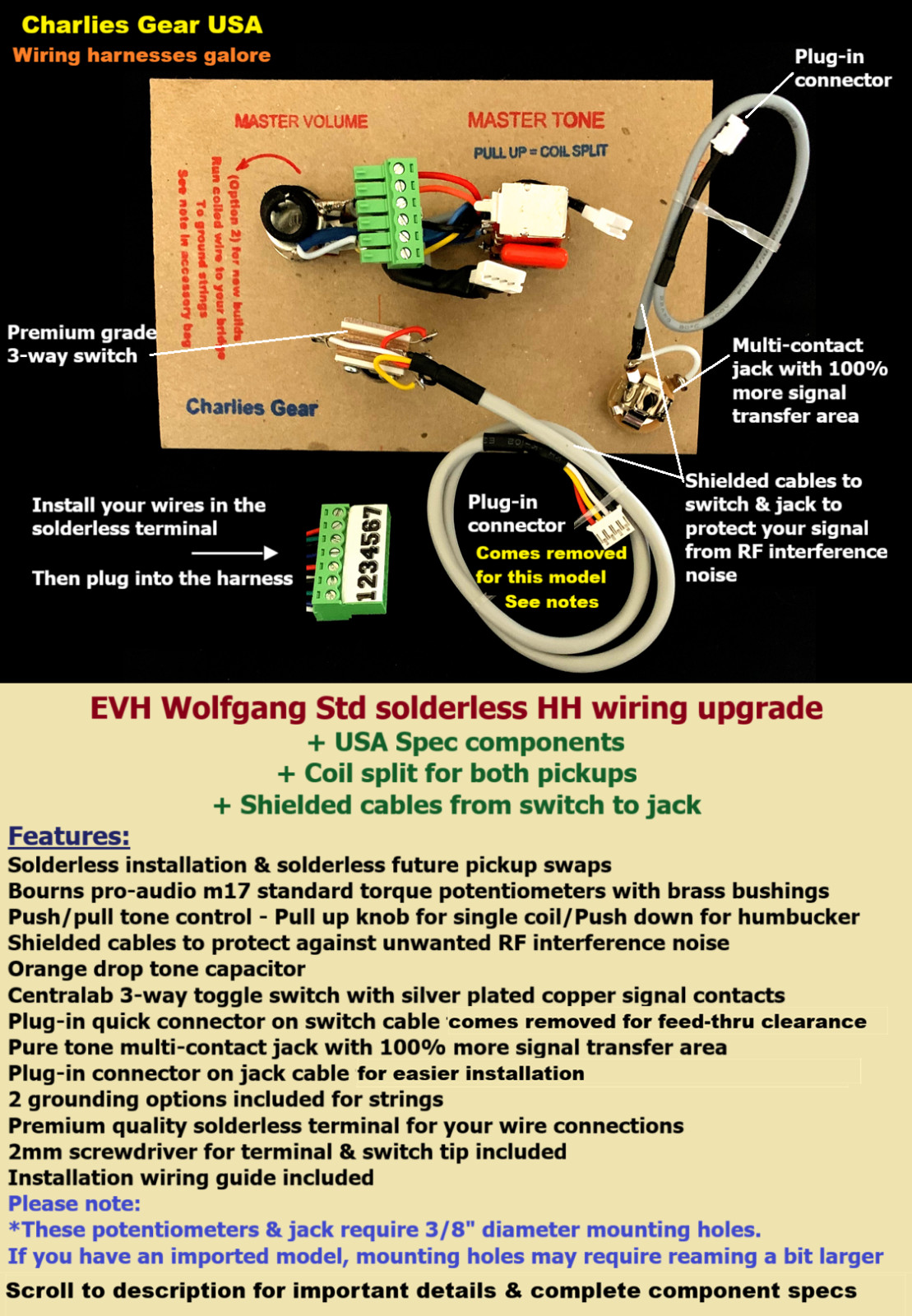 EVH Wolfgang Solderless HH Wiring Upgrade +Coil Split +Shielded Cables +USA Spec