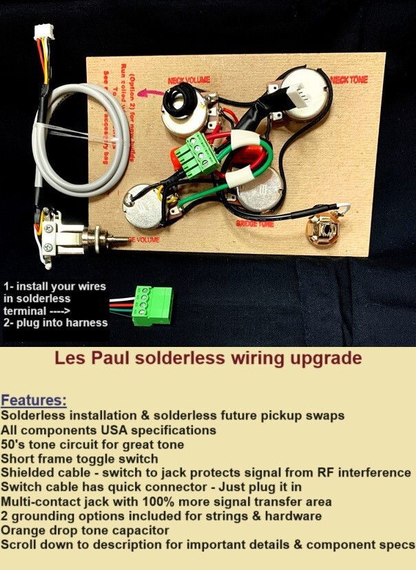 Les Paul Solderless Wiring Upgrade-Short Shaft Pots/Short 3-way/Pure tone jack