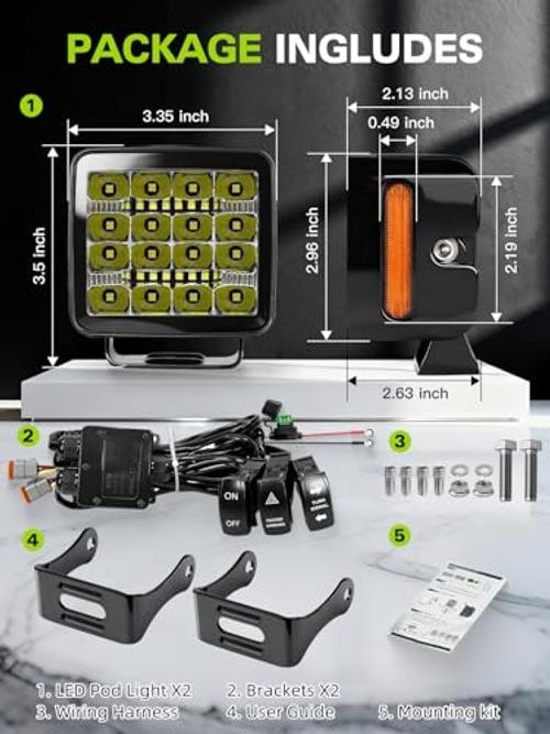 2PCS 3 Inch LED Pod Lights Flood Square Offroad Driving Lights With 5 Pin