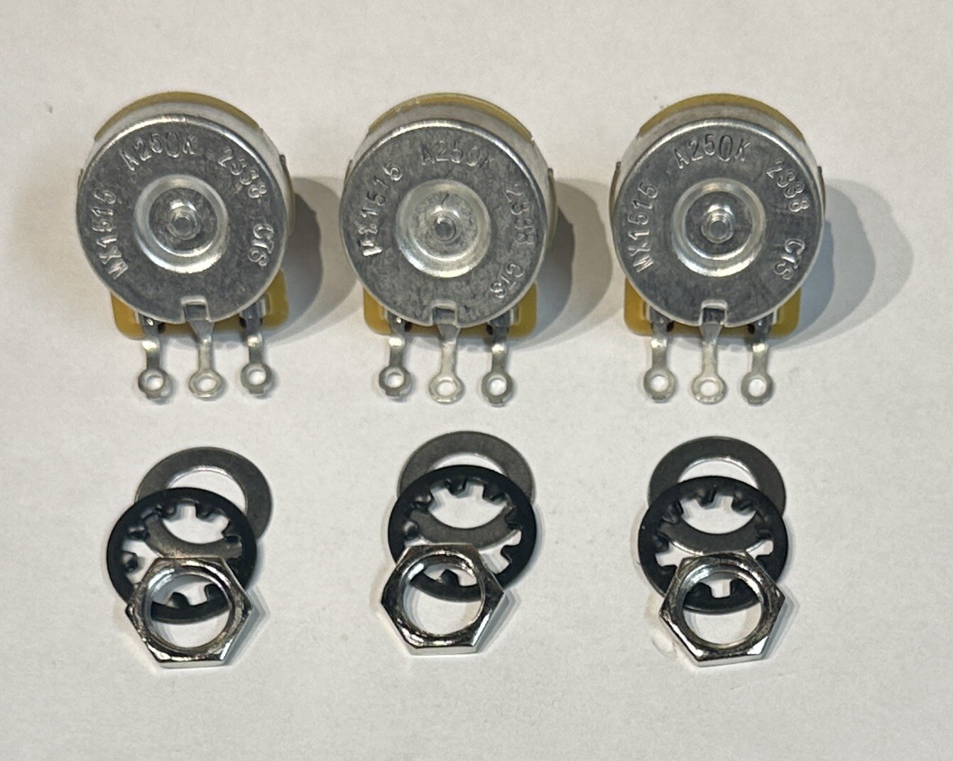 3X Genuine CTS® 250K Split Shaft Potentiometers Audio Taper 3/8″ Shaft Dish Back