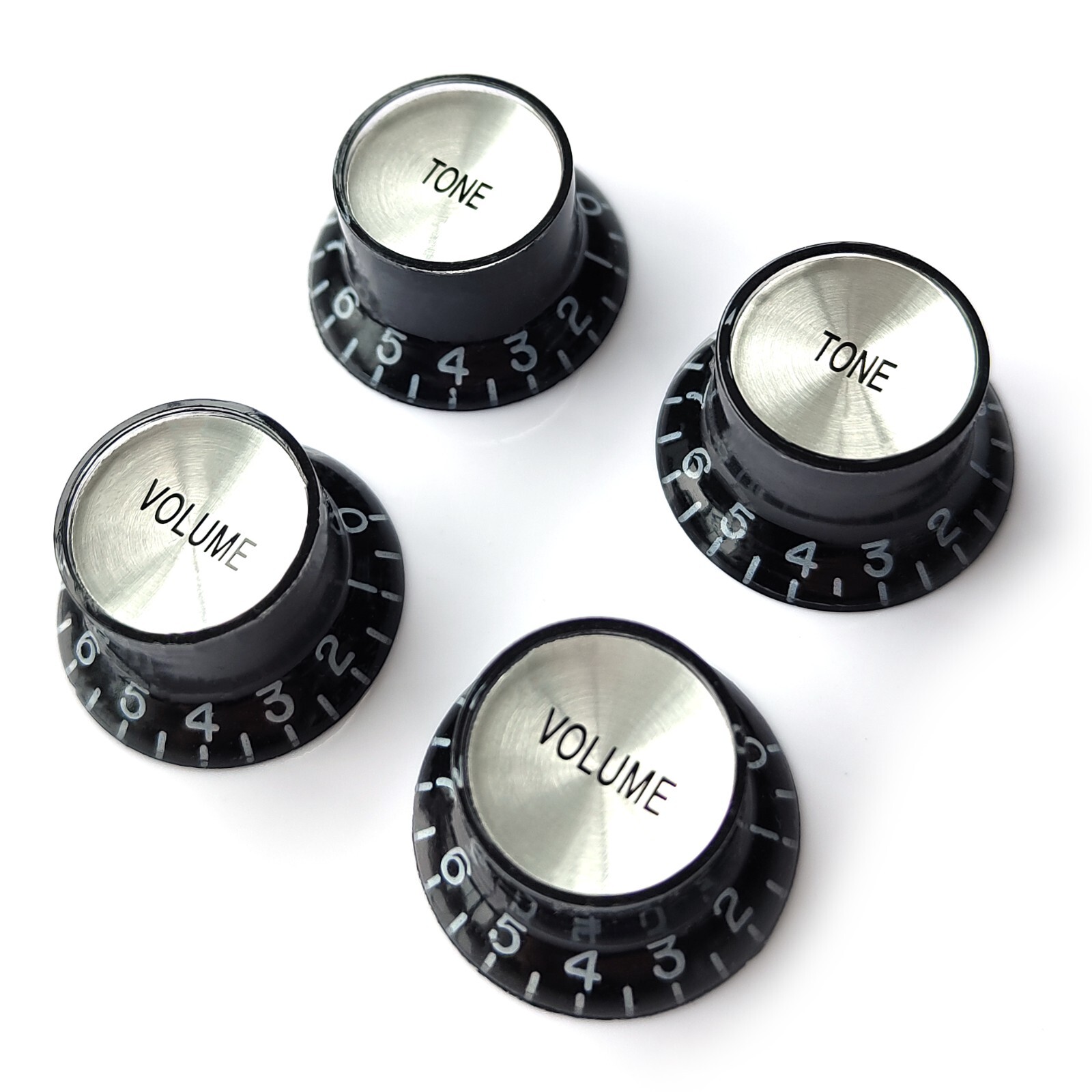 Left Handed Top Hat Bell Reflector Knobs – Volume Tone Guitar – Black Silver