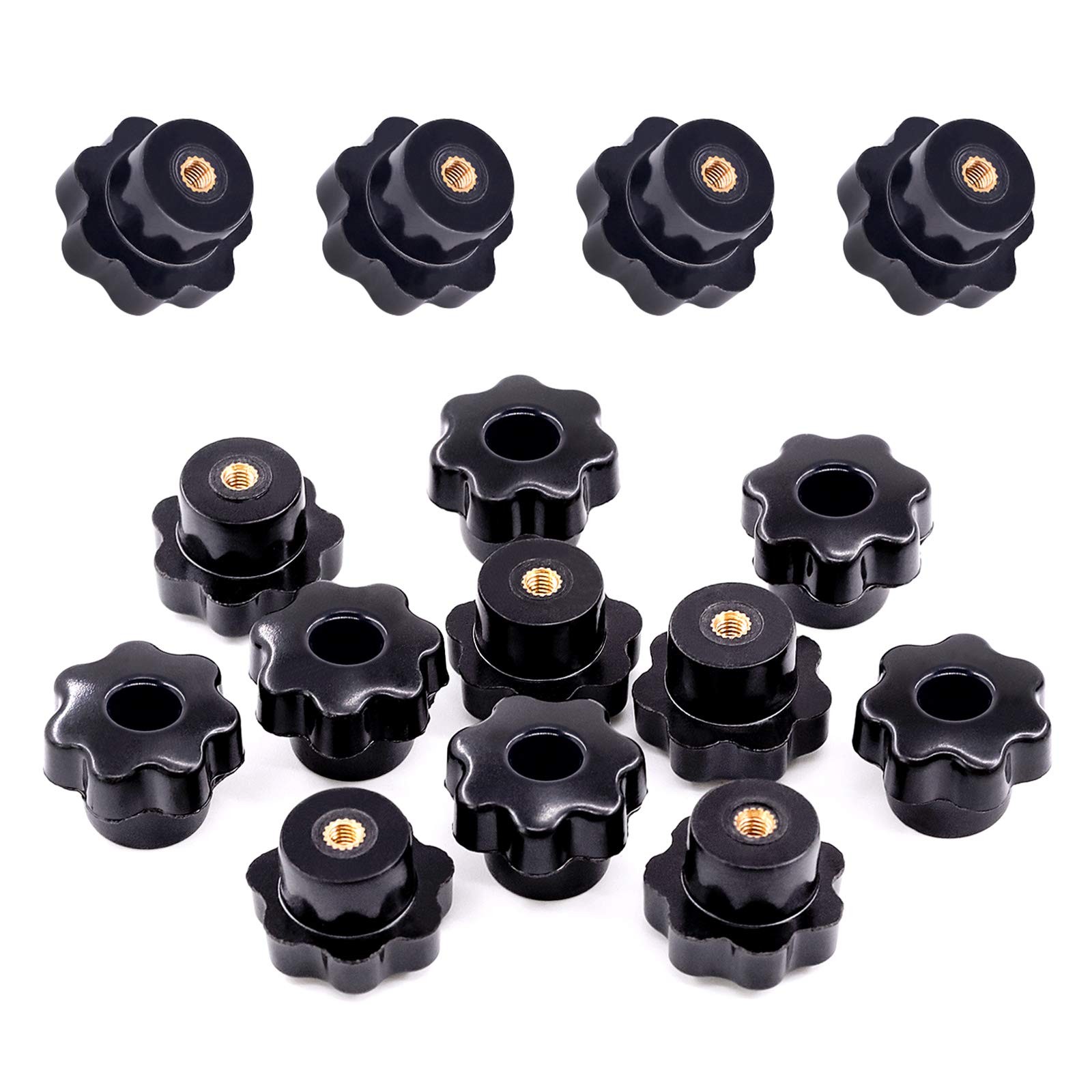 Swpeet 15Pcs M4 7 Star Through Hole Knob Female Thread Nut M 4, Black