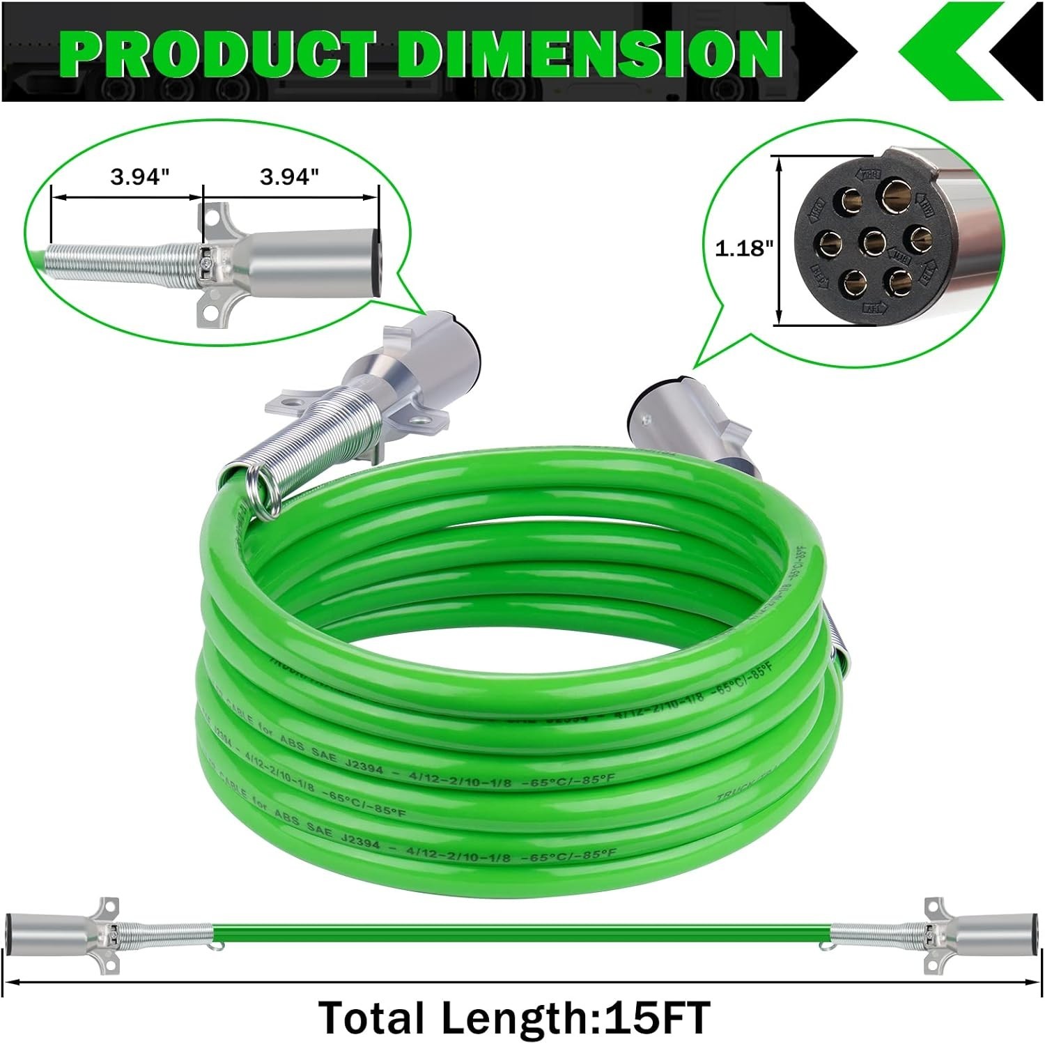 NEW 15FT 7 Way Trailer Cord ABS Heavy Duty Green Electrical Power Cable Trailer