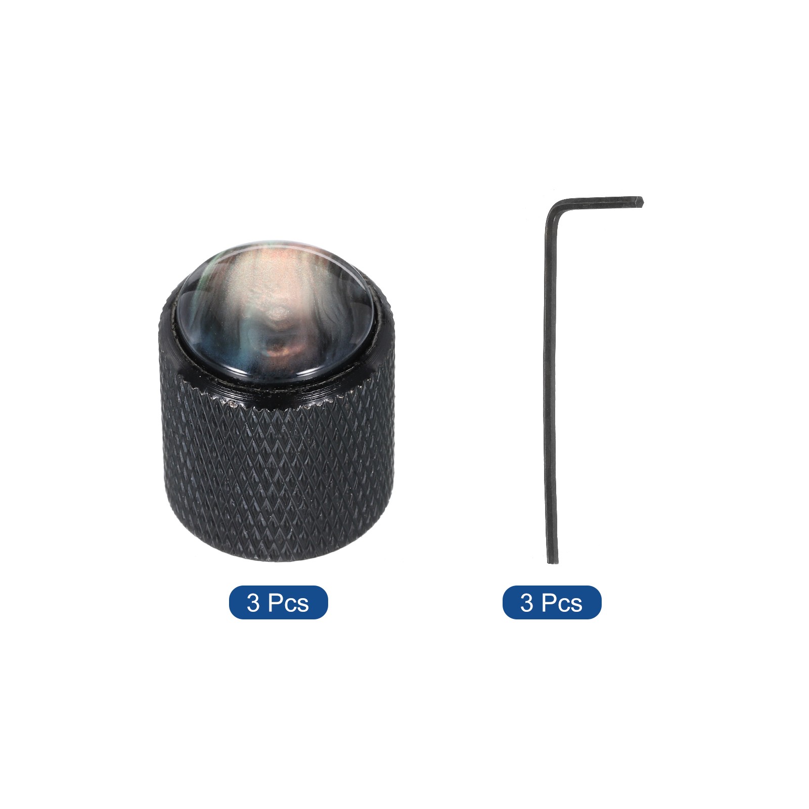 3 x Guitar Bass Dome Knobs Black Shell Top 6mm Black Metal Volume Control