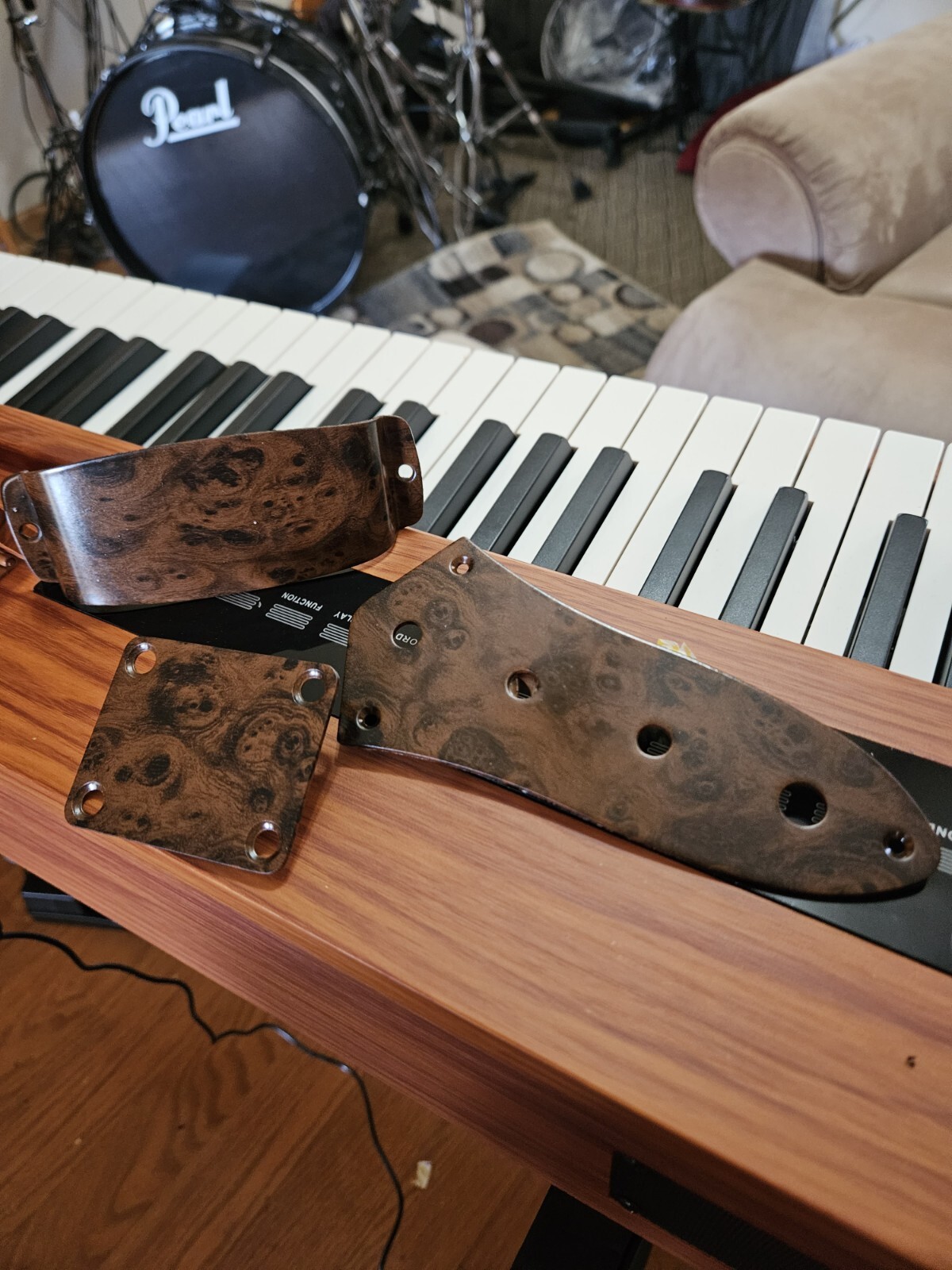 Custom Jazz Bass “Dress-up Kit” 3 Piece, Brown Burlwood Graphics