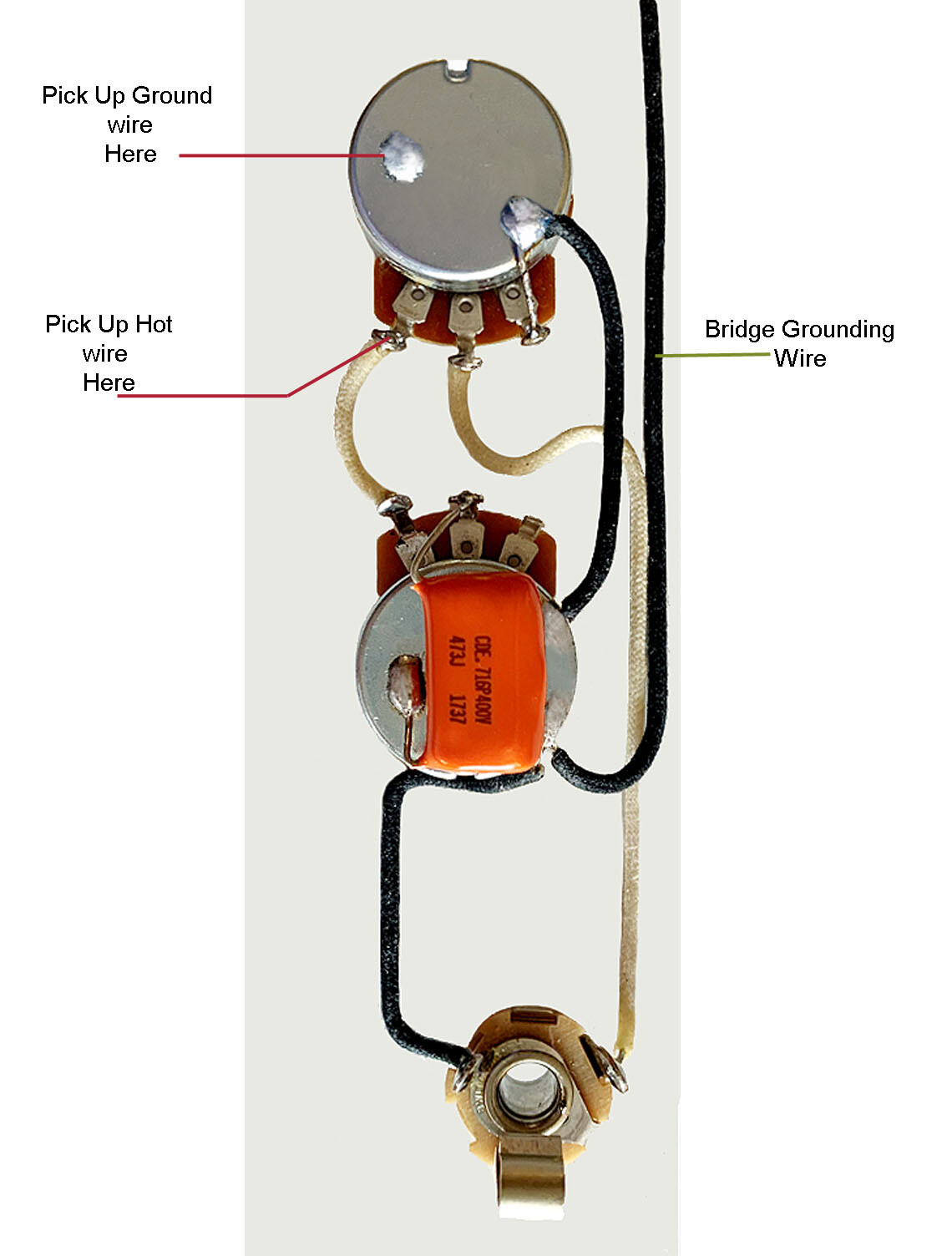 Wiring Harness for P Bass 250k CTS Pots, Orange Drop, Switchcraft
