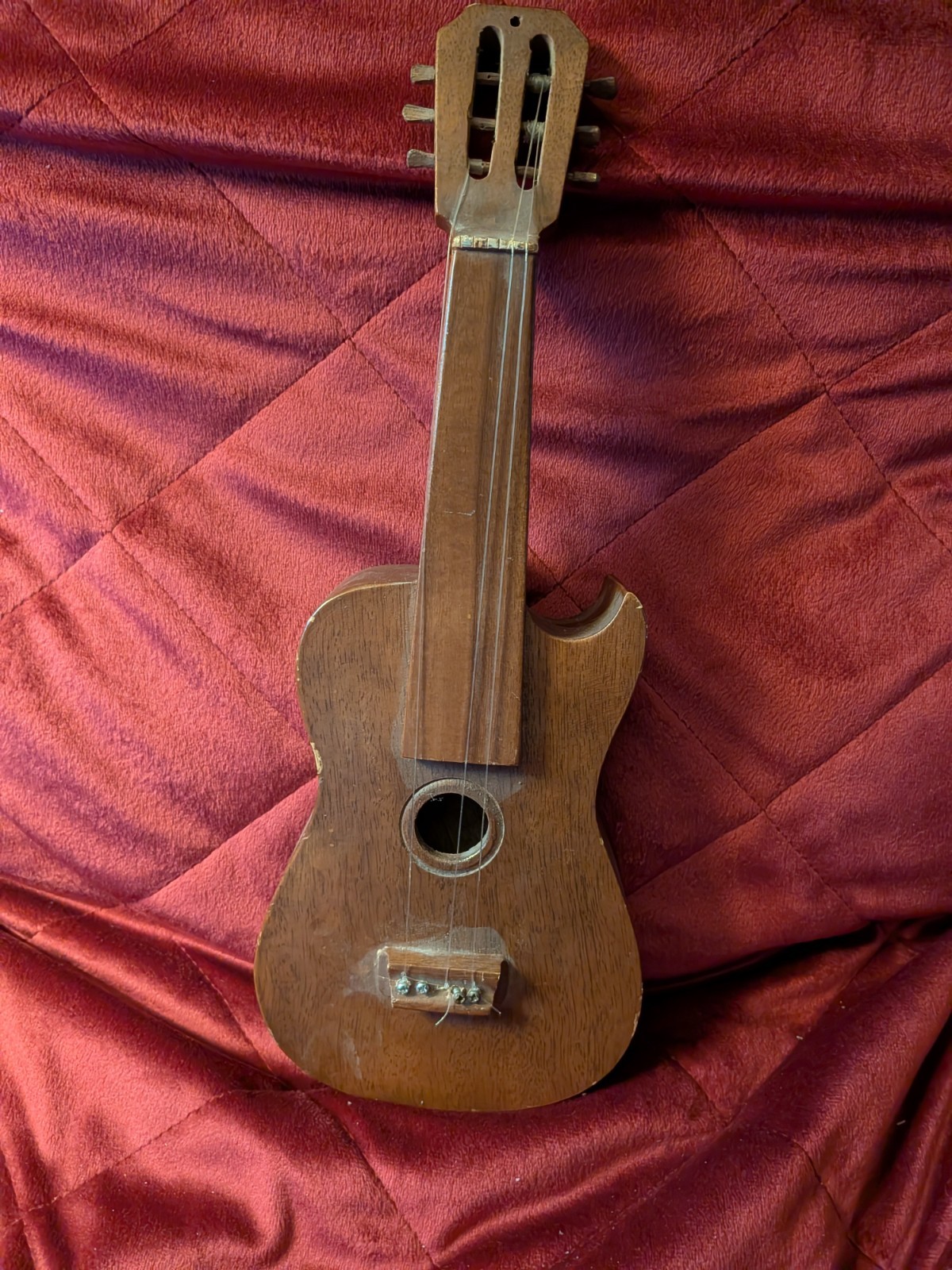 Real All Wood Child Guitar, Needs Re Strung, Knobs Turn, Unbranded, 13″ Long