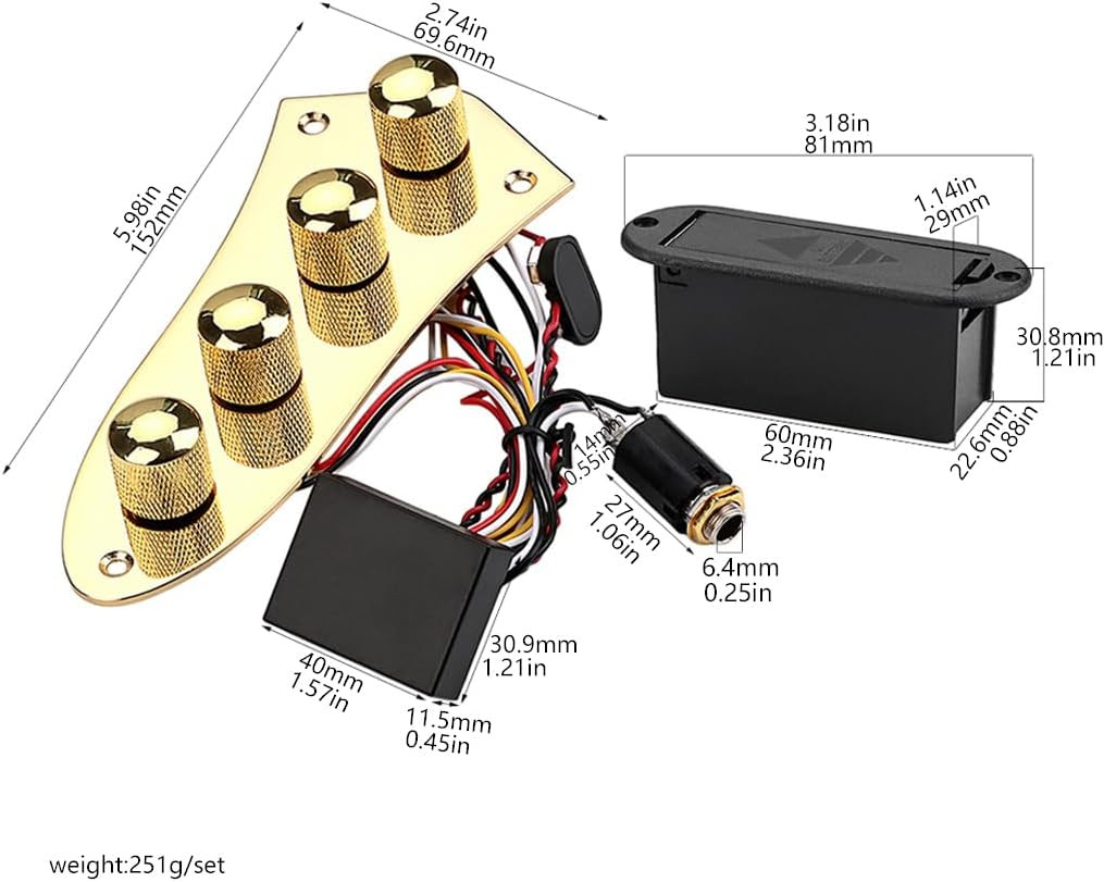Gold Bass Loaded Prewired Control Plate with Preamp Wiring Harness Fit Jazz Bass