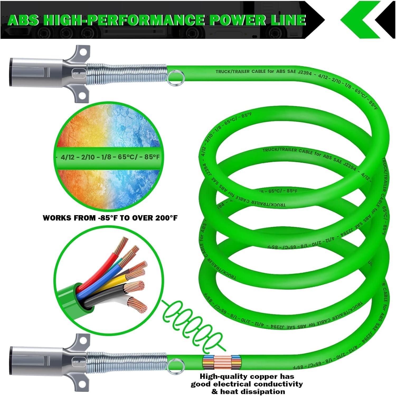 NEW 15FT 7 Way Trailer Cord ABS Heavy Duty Green Electrical Power Cable Trailer