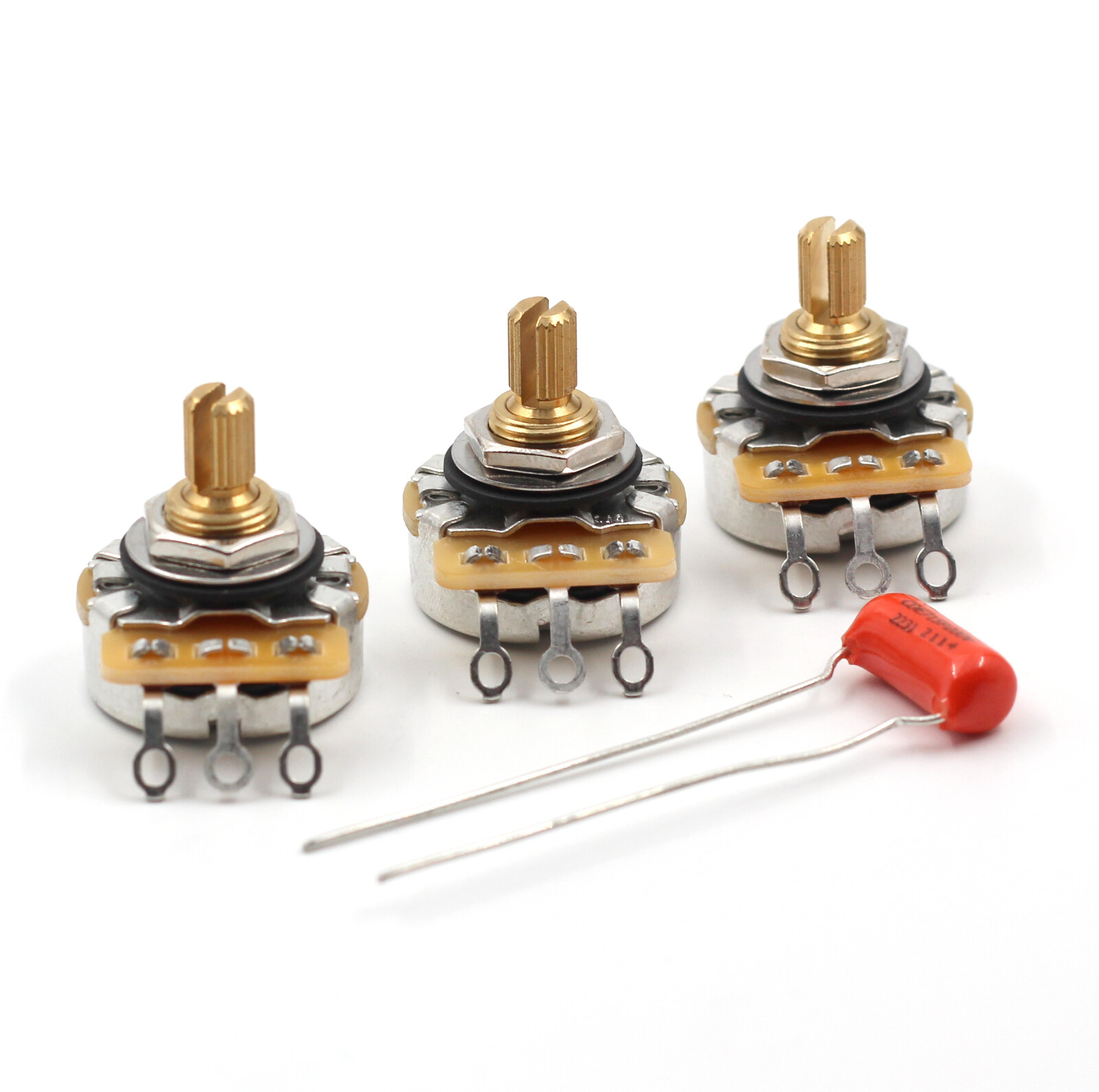 (3) CTS 250K SHORT SPLIT Shaft Potentiometers + 022uf Orange Drop Capacitor