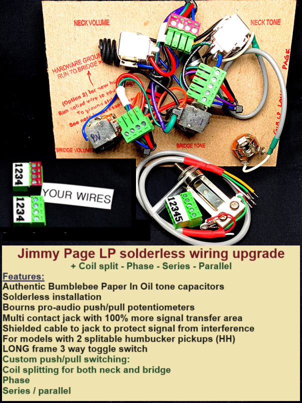 Gibson Les Paul Solderless Jimmy Page Wiring Harness + Bumblebee PIO Tone Caps!