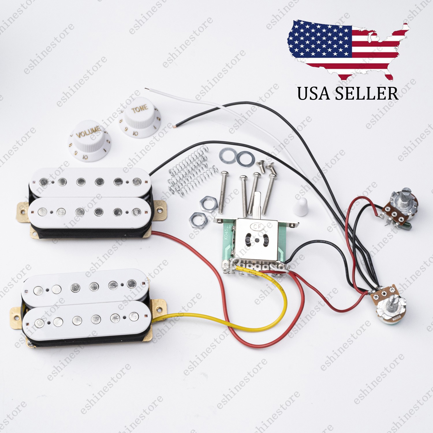 3 Way Guitar HH Pickup Wiring Harness Prewired 1T1V 500K Pots for Start- White