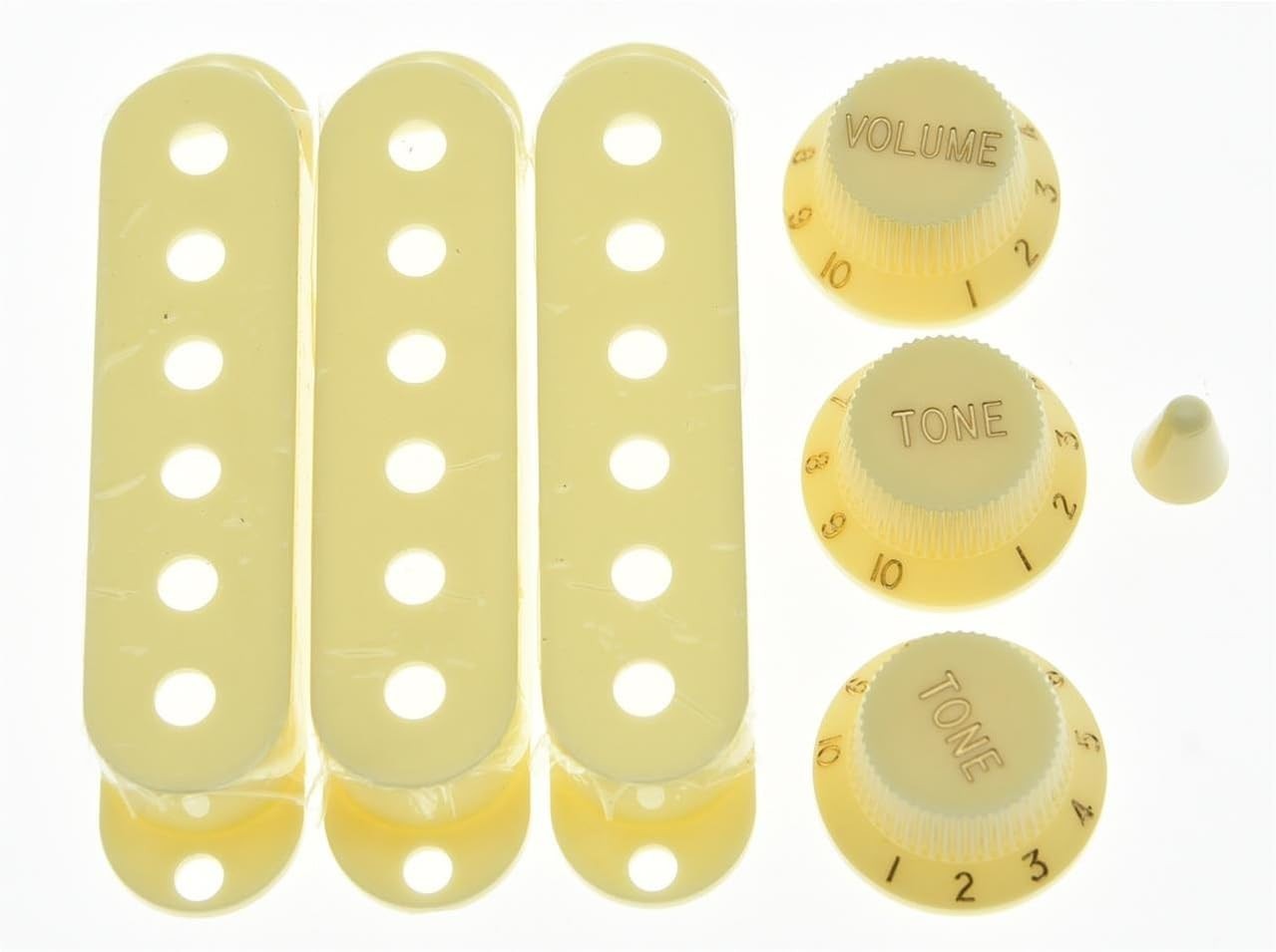 Aged White ST Strat Pickup Covers Knobs and 5 Way Switch Tip