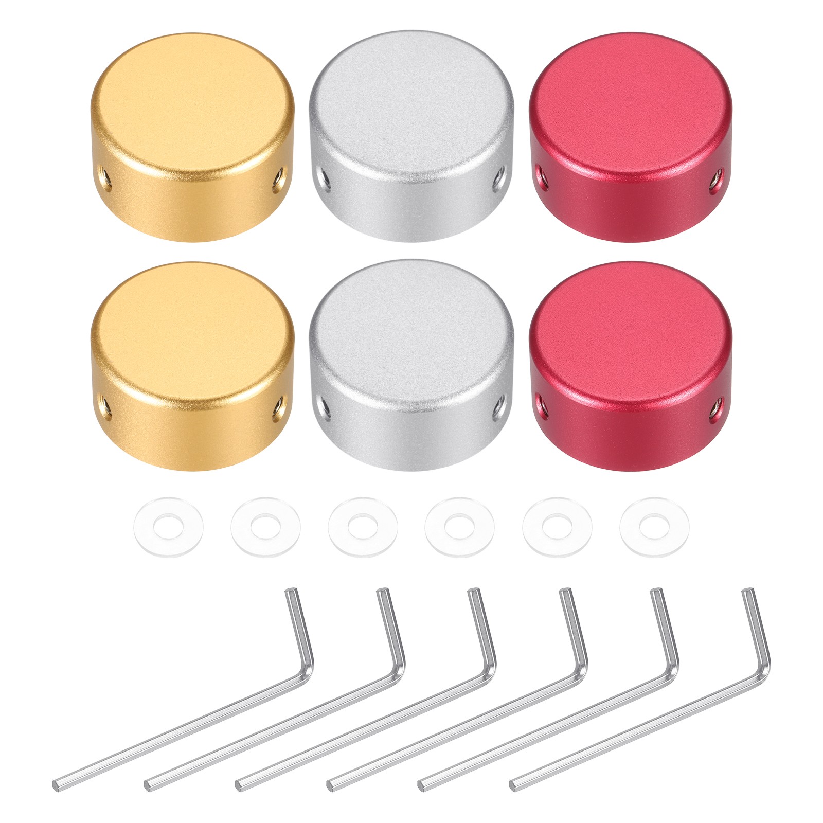 6 Pcs Footswitch Toppers Guitar Pedal Button Caps, Gold, Silver, Red
