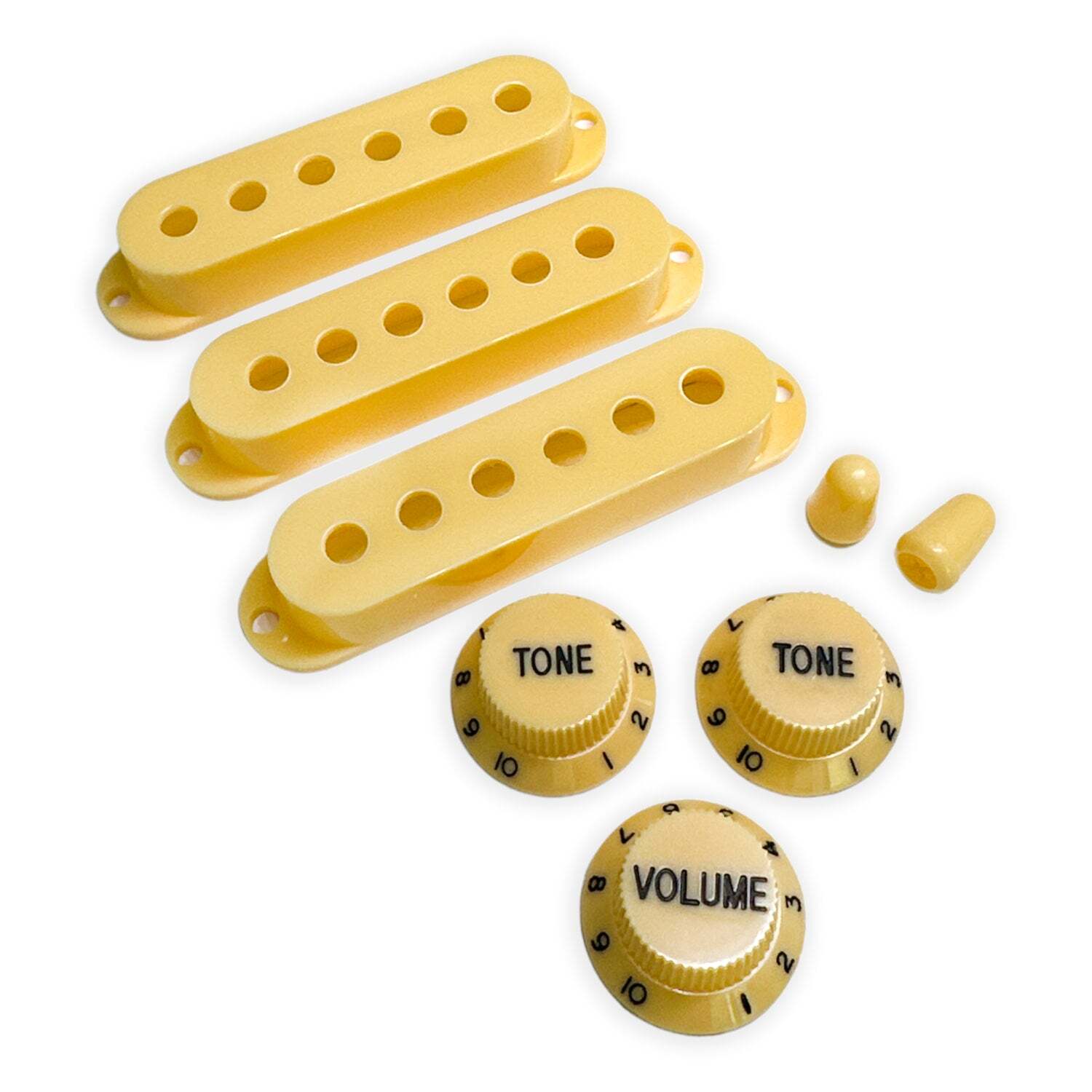 Vintage Strat PUP covers, switch tips, knobs set Cream / Black Font
