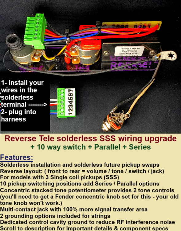 Reverse Tele Solderless SSS Wiring Upgrade/10-way /MV+2-Tone = Fits 2-Hole Plate