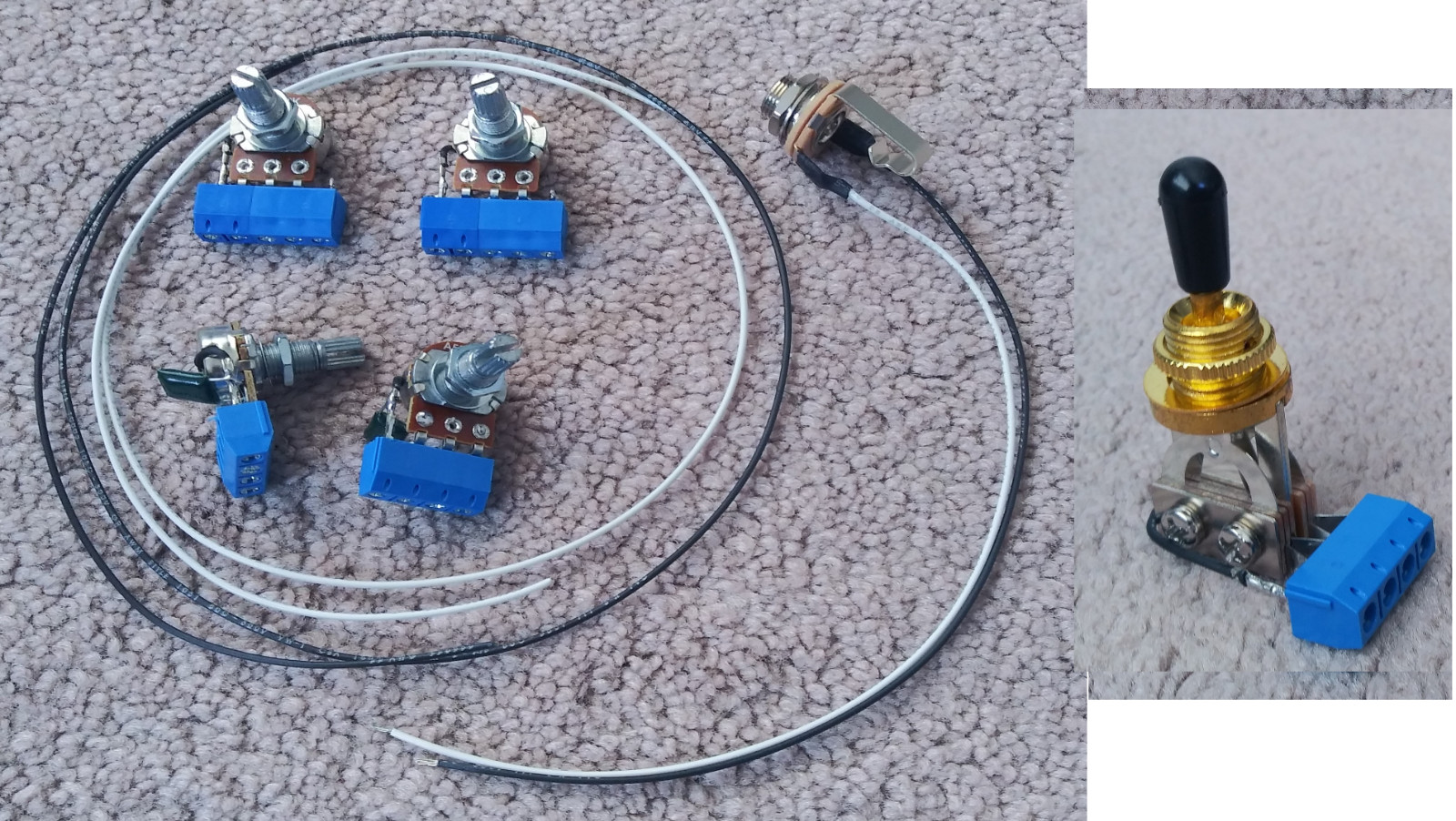 SOLDERLESS Guitar Wiring EZ-INSTALL KIT 2 PU 3-Way GOLD Switch Wire Jack 4 Pots