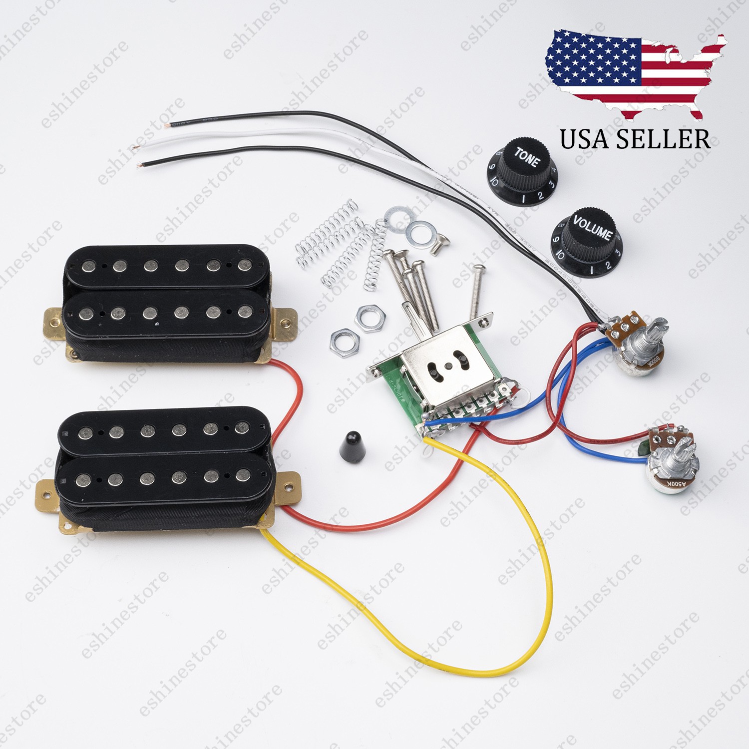 3 Way Guitar HH Pickup Wiring Harness Prewired 1T1V 500K Pots for Start- Black