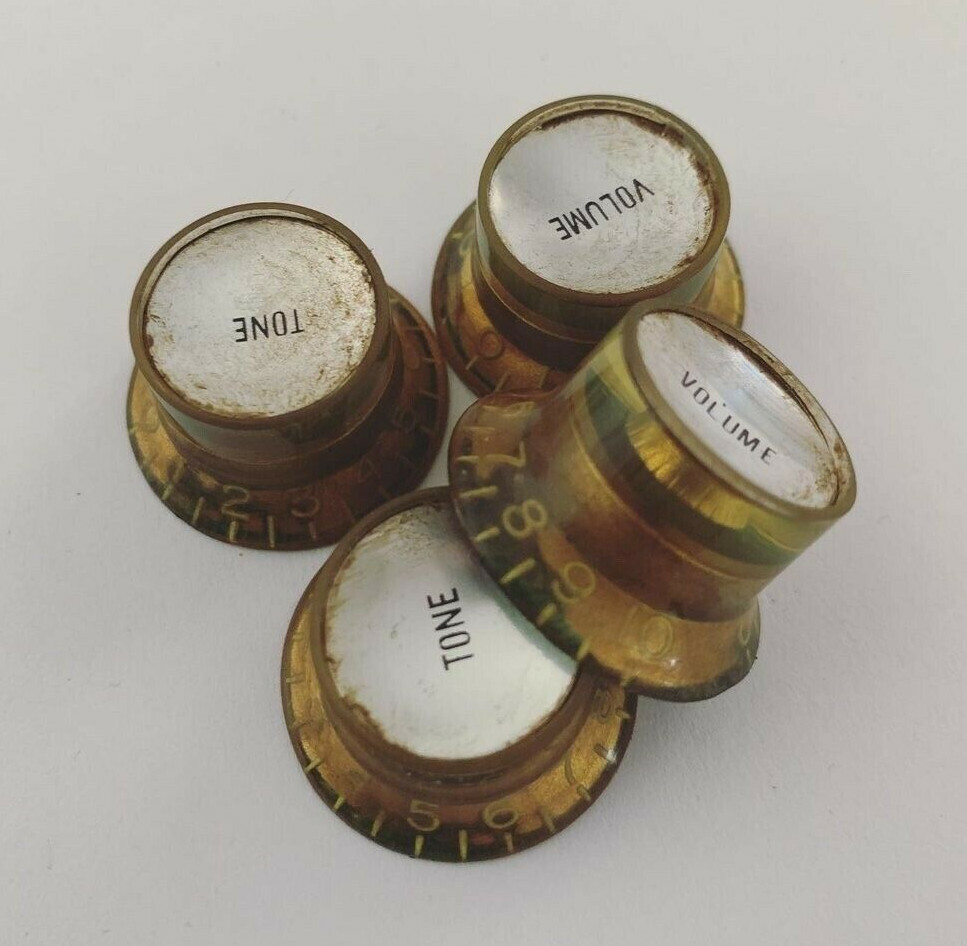SET OF 4 AGED RELIC GIBSON REFLECTOR KNOBS GOLD/SILVER US SIZE FINE SPLINES