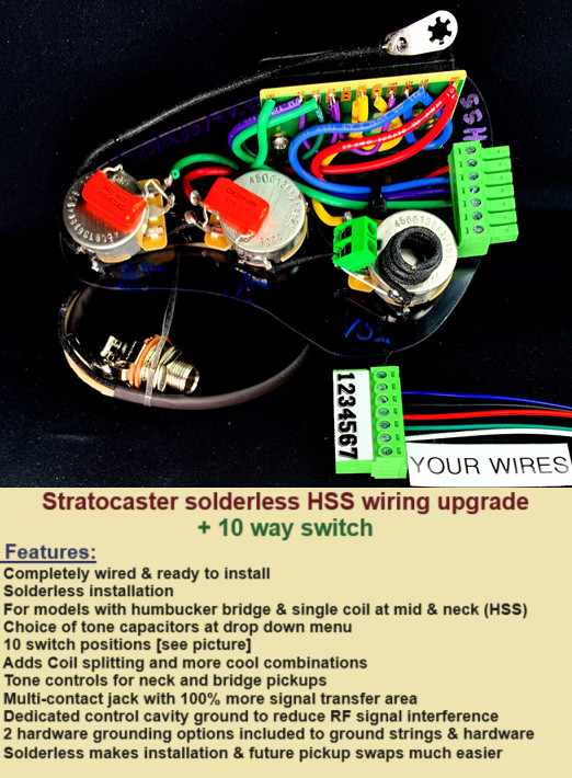 Fender Stratocaster Solderless HSS Wiring Upgrade – 10 way switch = 5 New Tones!