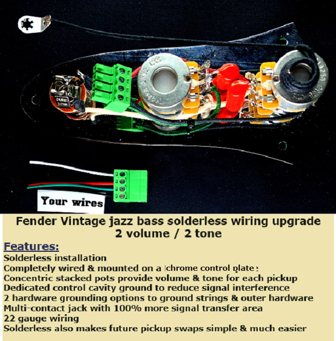 Fender Vintage Jazz Bass Solderless Wiring Upgrade with Plate – 2 Volume/2 Tone