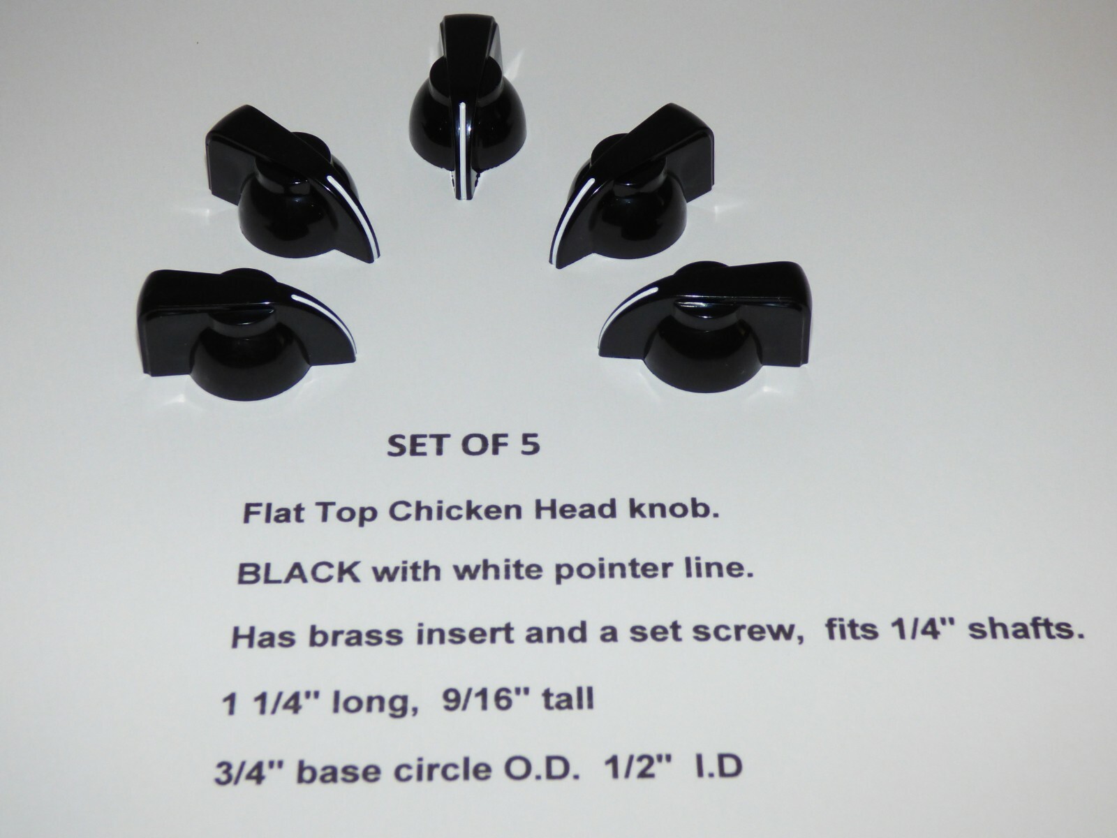 FLAT TOP CHICKEN HEAD KNOB, BLACK IN COLOR, SET SCREW BRASS INSERT, Set of 5