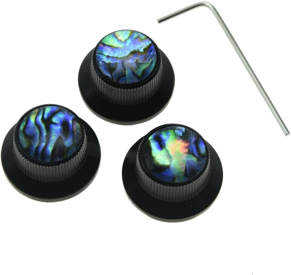 Set of 3 Set Screw Abalone Top Black Guitar Bass Knobs Strat Metal Knobs for 6mm