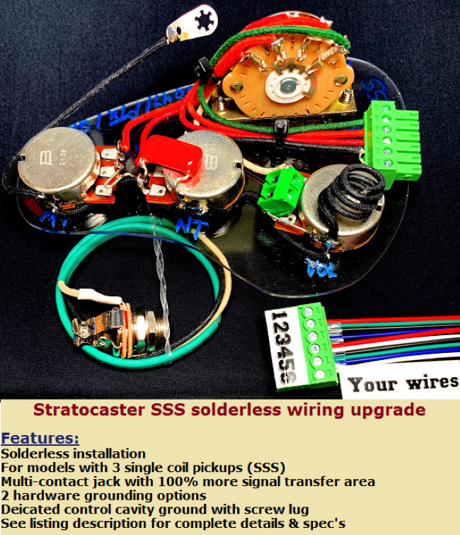 Stratocaster Solderless [SSS] Wiring Upgrade + Gilmore switch +Treb Bleed switch