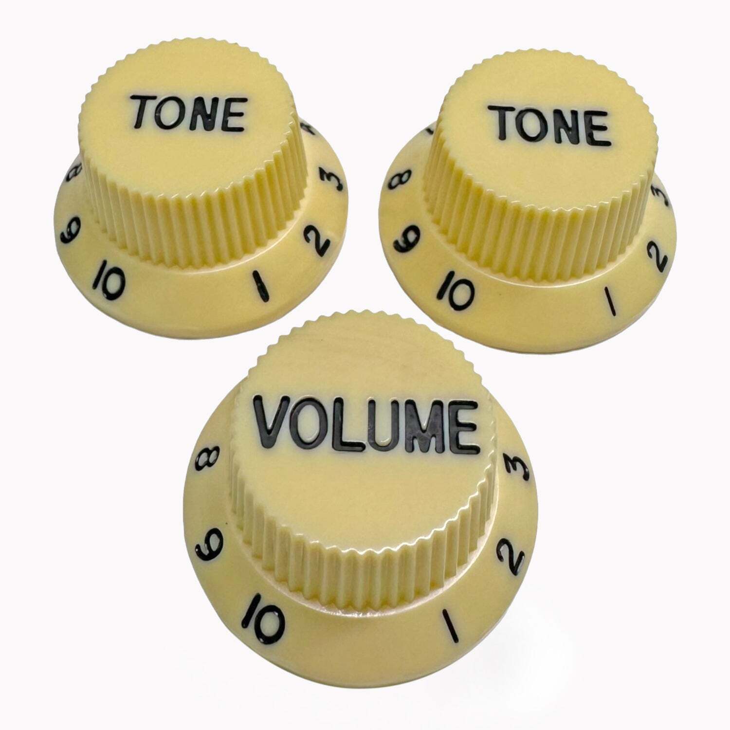 AxLabs Strat-Style Knob Kit (3) – Aged White / Cream w/ Black Font