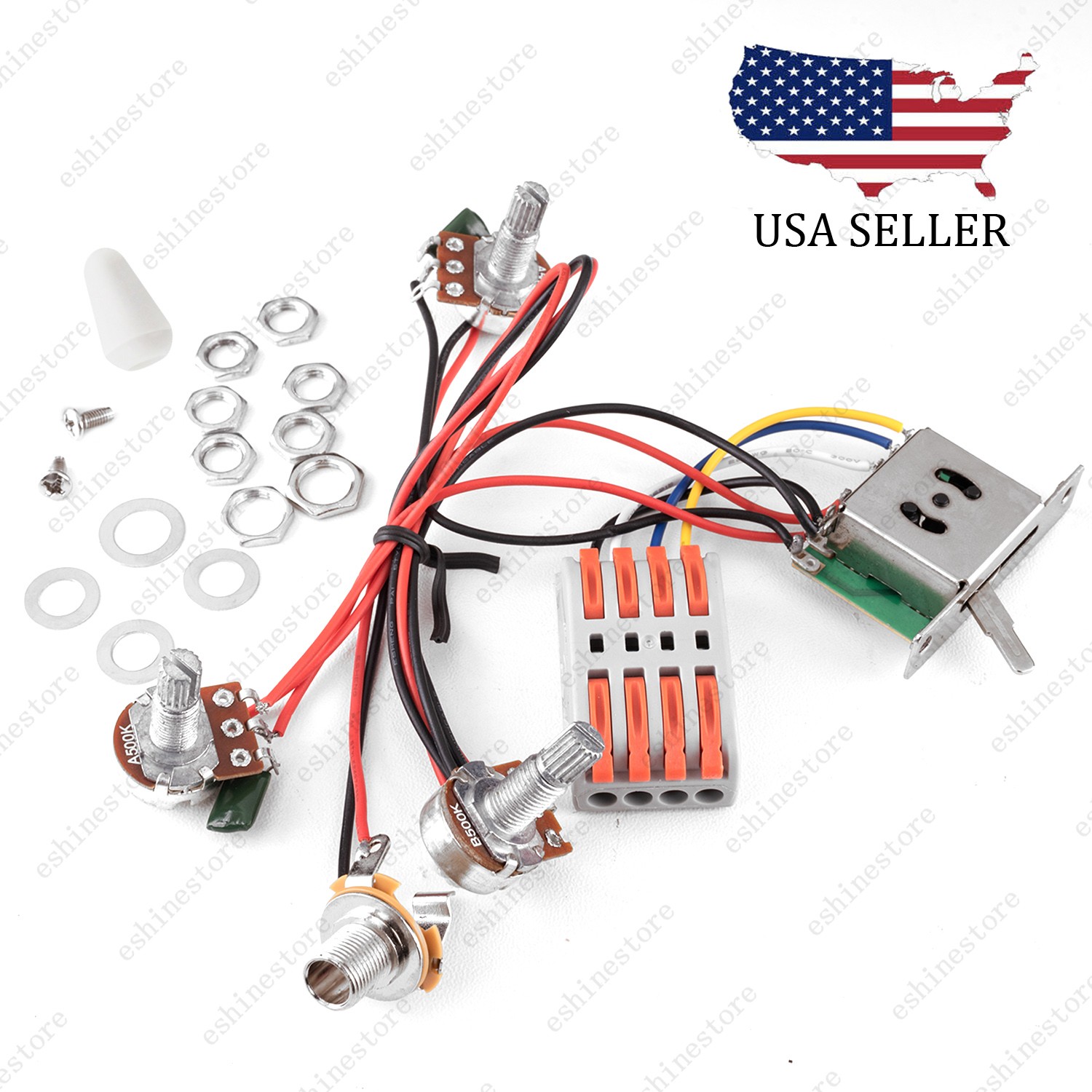 Guitar Wiring Harness Set Prewired 5-Way 2T1V A/B500K Pots for Stratocaster