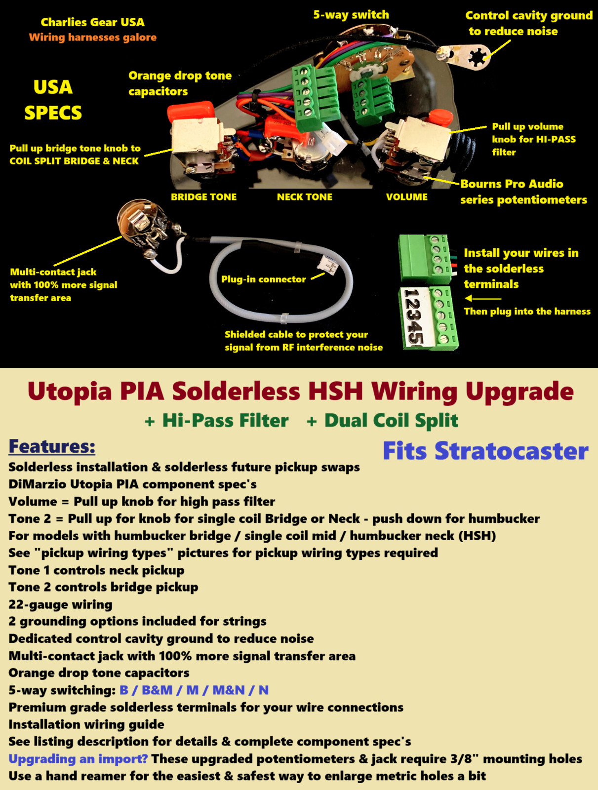 Vai Utopia PIA Solderless HSH Wiring Upgrade/Hi-Pass/Dual Coil Split