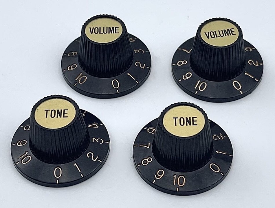 4x Classic Witch Hat Knobs to fit LP, Epi, Fender V/Black with Gold Caps 6mm fit