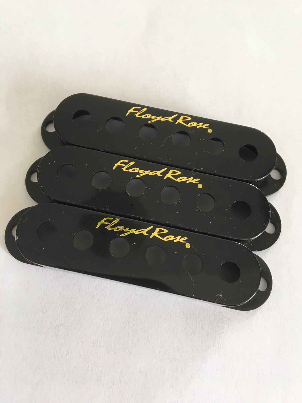 Floyd Rose Single Coil Pickup Cover Set Black with Gold Logo fits Fender Duncan