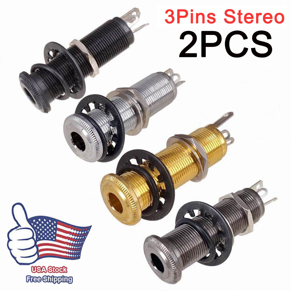 2Pcs 3Pins Stereo Copper Guitar Bass Barrel Jack Cylinder Input/Output Jacks USA
